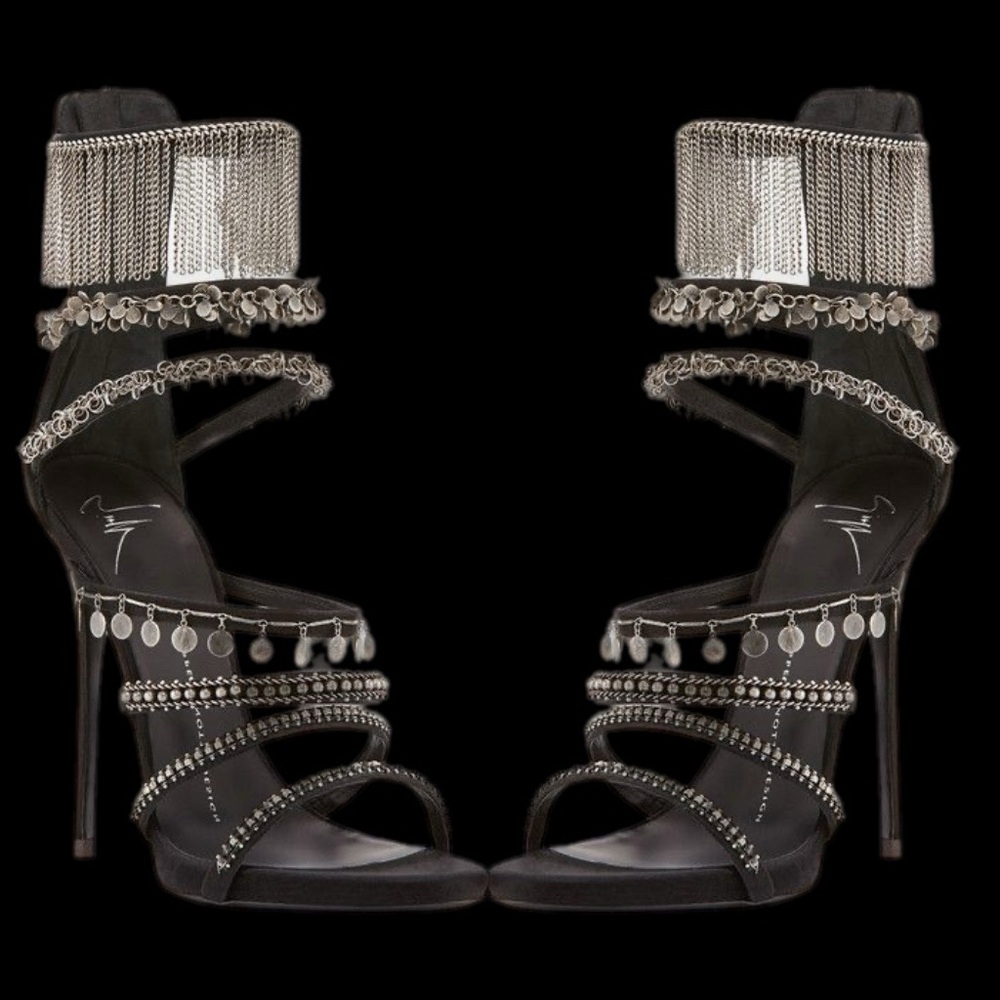 Giuseppe Zanotti Black and Silver Heels with Dramatic Fringe